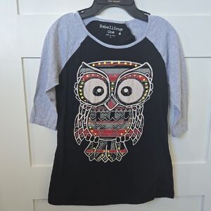 Rebellious One Black and Gray Owl 3/4 Sleeve Tee Small